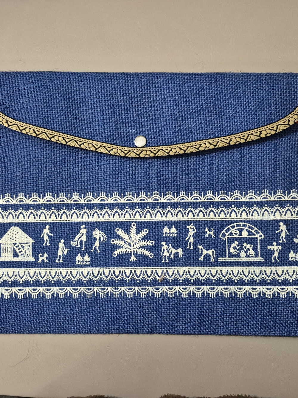 Jute Cottage Blue Jute Portfolio Folder Warli Art Document Envelope Folk Art